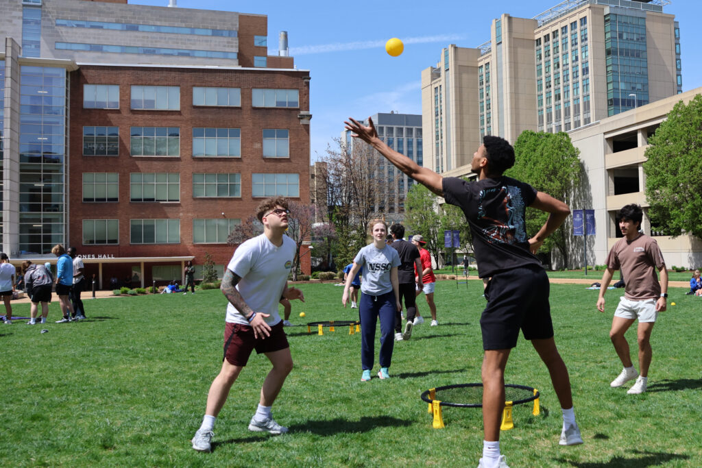 Students playing yard games on the quad during the 2024 solar eclipse