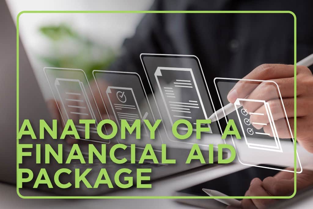 floating transparent graphs with hand holding stylus. Text: Anatomy of a Financial Aid Package