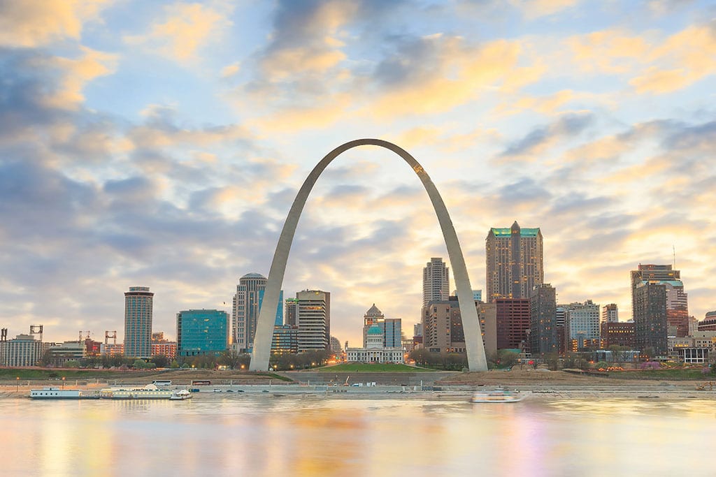 View from the river of the St. Louis Arch and downtown city skyline